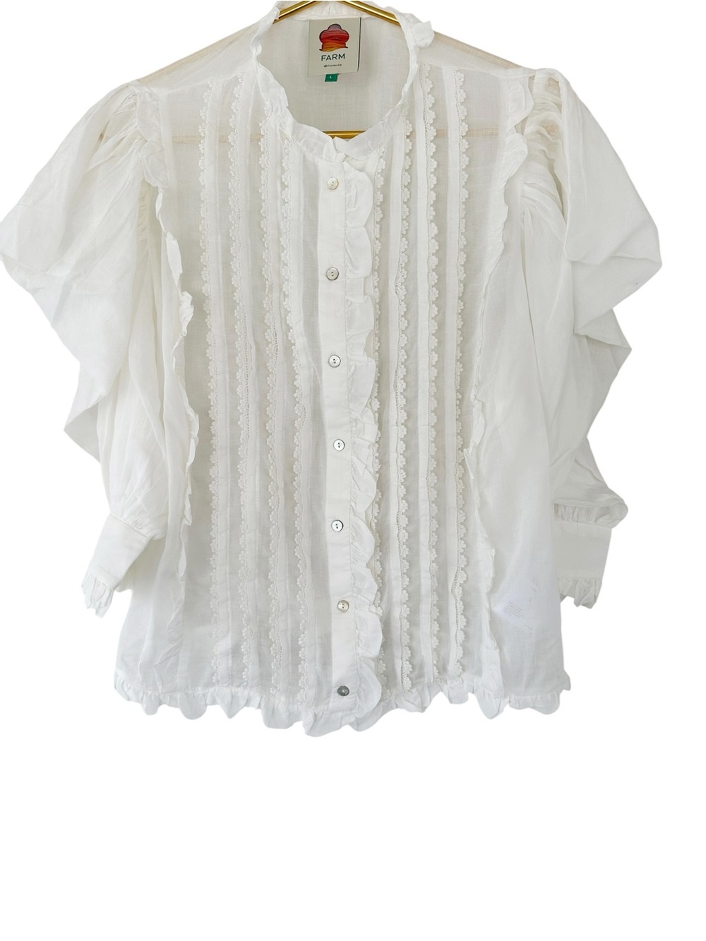 Farm Rio • White Cotton Broderie Ruffle Blouse Inset Lace Top